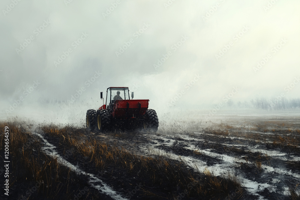 Fototapeta premium Broadcast Spreader Evenly Distributing Lime Across a Field for Consistent Soil Treatment