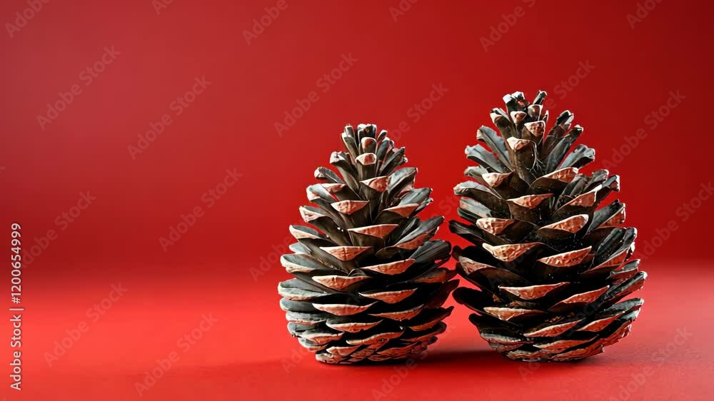 Natural pine cones resting on a vibrant red background, showcasing textured details and contrasting colors