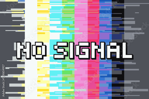 No Signal with Glitched Color Bars, Pixel Art Illustration