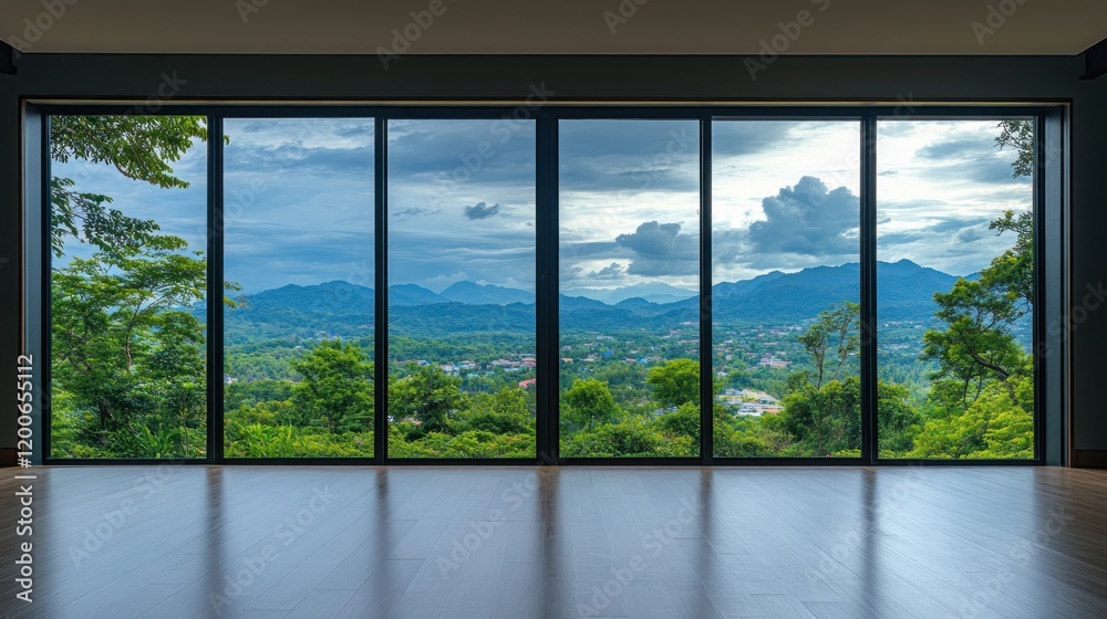 Naklejka premium Panoramic Mountain View Through Large Windows