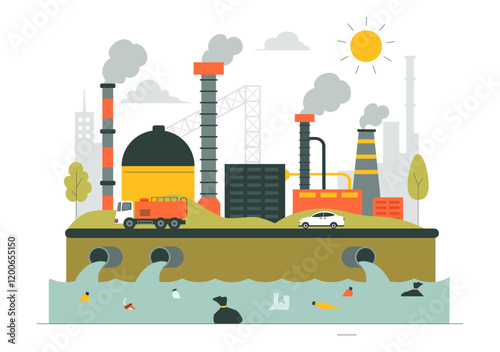 Water Pollution Vector Illustration Depicting an Environmental Disaster Caused by Industrial Production with a Factory Emitting Smoke Through Chimneys