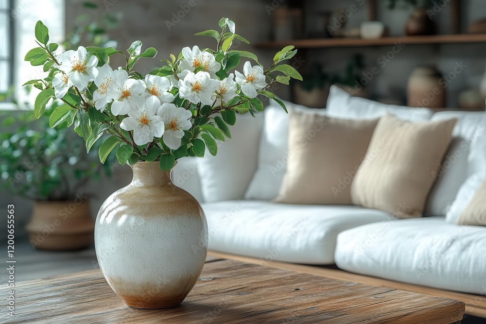 vase with a blossoming twig placed on a wooden coffee table next to a white sofa adorned with pillows embodying minimalist scandinavian interior design in a modern living room vase with a blossoming twig placed on a wooden coffee table next to a white sofa adorned with pillows embodying minimalist scandinavian interior design in a modern living room