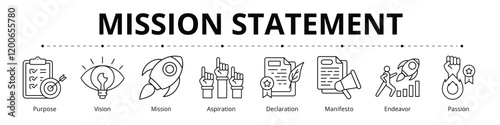 Mission Statement Line Banner Web Icon Set Vector Illustration, Purpose Vision Mission Aspiration Declaration Manifesto Endeavor Passion 