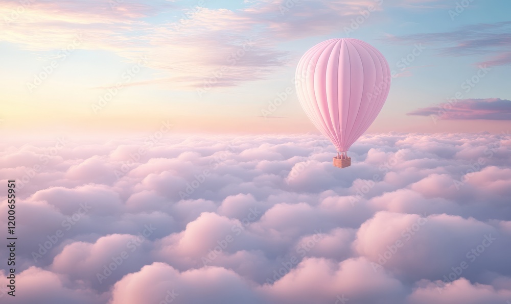 Fototapeta premium At sunrise, pink hot air balloons fly above the clouds