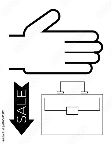 Outlined hand gesture with briefcase and arrow denoting sale. Ideal for business deals, discounts, commerce, negotiations, shopping, marketing, abstract line flat metaphor
