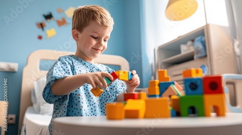 A young boy smiles as he constructs a colorful tower with building blocks in a hospital room photo