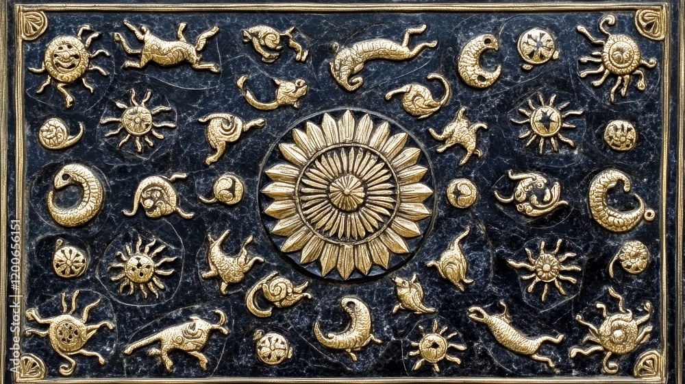 Ancient Zodiac Symbols Intricate Gold Relief Artwork Ancient Zodiac Symbols Intricate Gold Relief Artwork