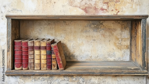 Vintage bookshelf displaying old books in various colors and styles