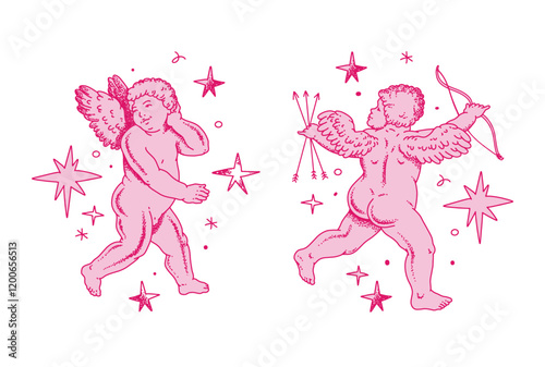 Pink cherub outlines and line art for Valentine's Day with cupid vector. Vector symbol of love and romantic. Antique Angel Baby Cupid illustration for printing on cards, invitations, tattoo