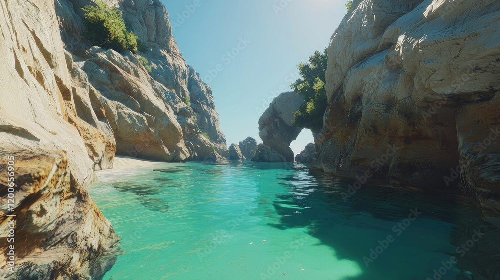 Serene coastal landscape with turquoise water and rocky formations. Serene coastal landscape with turquoise water and rocky formations.