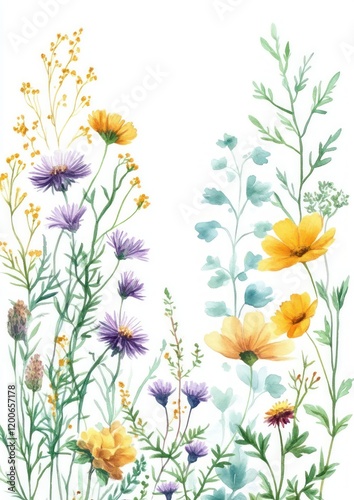 Watercolor Illustration of Herbal Frame with Chamomile Mint Lavender Eucalyptus Flowers