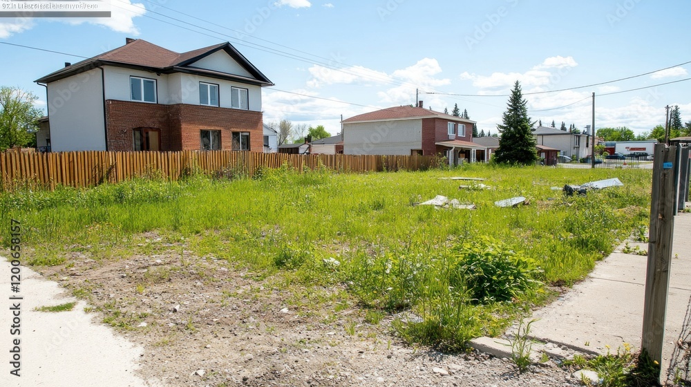 A spacious lot covered in tall grass and weeds stands between two homes in a quiet neighborhood A spacious lot covered in tall grass and weeds stands between two homes in a quiet neighborhood