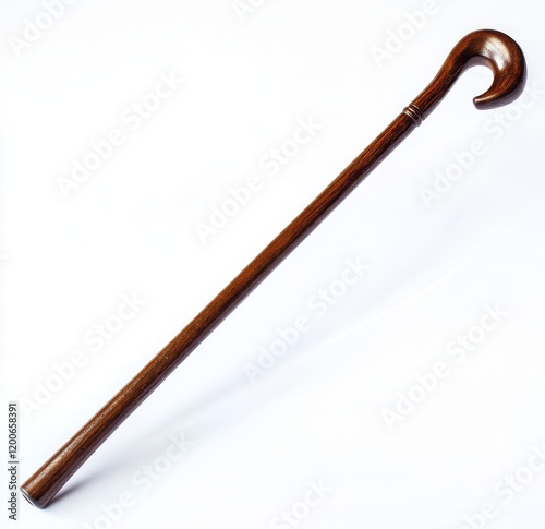 Elegant dark brown wooden shepherd's crook staff isolated on white.