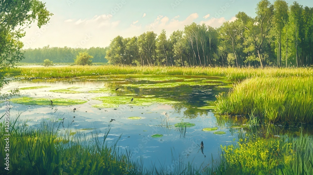 Fototapeta premium marsh during springtime, where vibrant green shoots emerge from the wet earth, and wildlife such as frogs, birds, and insects abound