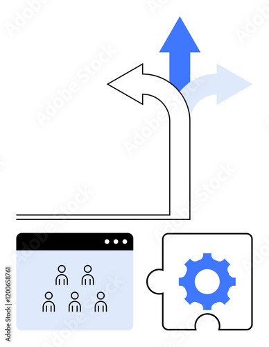 Arrows showing divergent paths, browser window with user icons, and gear puzzle piece. Ideal for teamwork, decision-making, workflows, planning, innovation, solutions abstract line flat metaphor