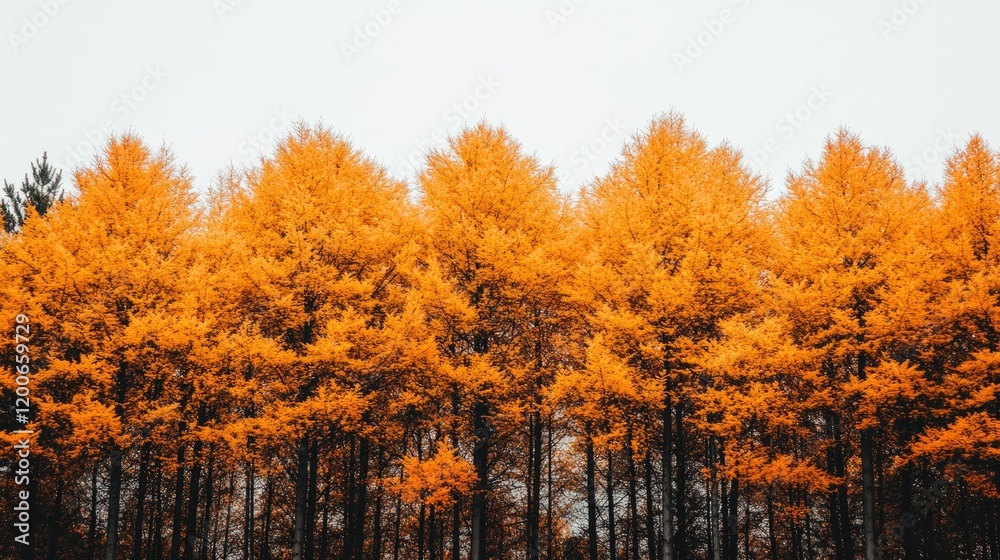 Fototapeta premium Golden autumn trees, forest landscape, overcast sky, nature background, website banner