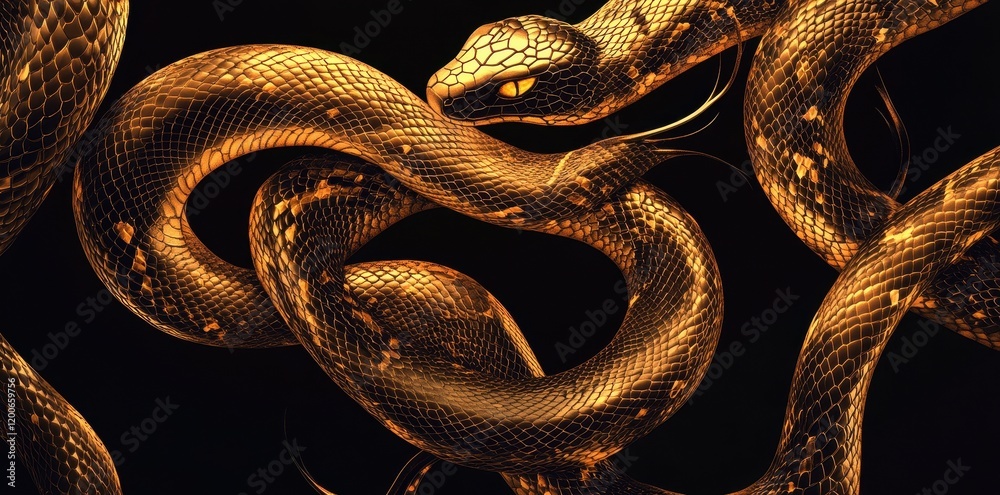 Fototapeta premium Golden Snakes Intricately Woven Together In Darkness