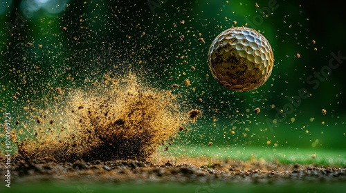 Golf ball exploding from sand bunker on course, green background. photo