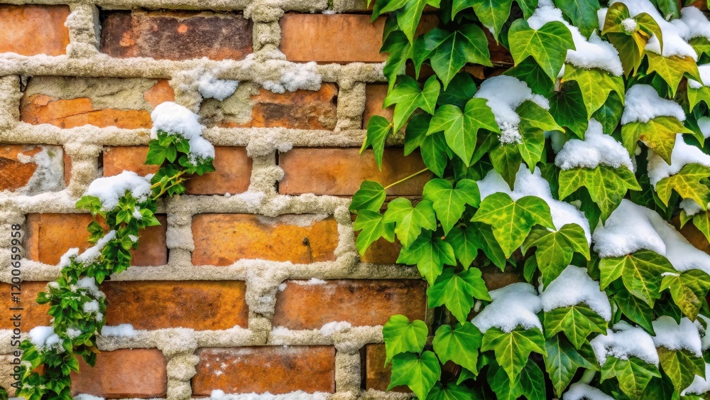 Ivy Clinging to a Brick Wall Covered in Snow - Winter Wonderland, Nature, Texture, Cold Weather, Ivy Leaves, Urban Landscape, Seasonal Changes, Scenic Beauty, Natural Elements, Architectural Features Ivy Clinging to a Brick Wall Covered in Snow - Winter Wonderland, Nature, Texture, Cold Weather, Ivy Leaves, Urban Landscape, Seasonal Changes, Scenic Beauty, Natural Elements, Architectural Features