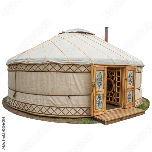 Traditional Yurt with Open Door and Wooden Decor for Cultural Retreat, transparent background PNG