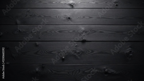 Close-up eye-level view of an elegant black wooden wall with horizontally aligned planks, revealing intricate wood grain patterns. A seamless blend of texture and design photo