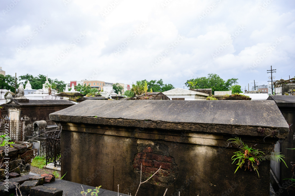 Obraz premium Old concrete tombs in cemetery New Orleans halloween