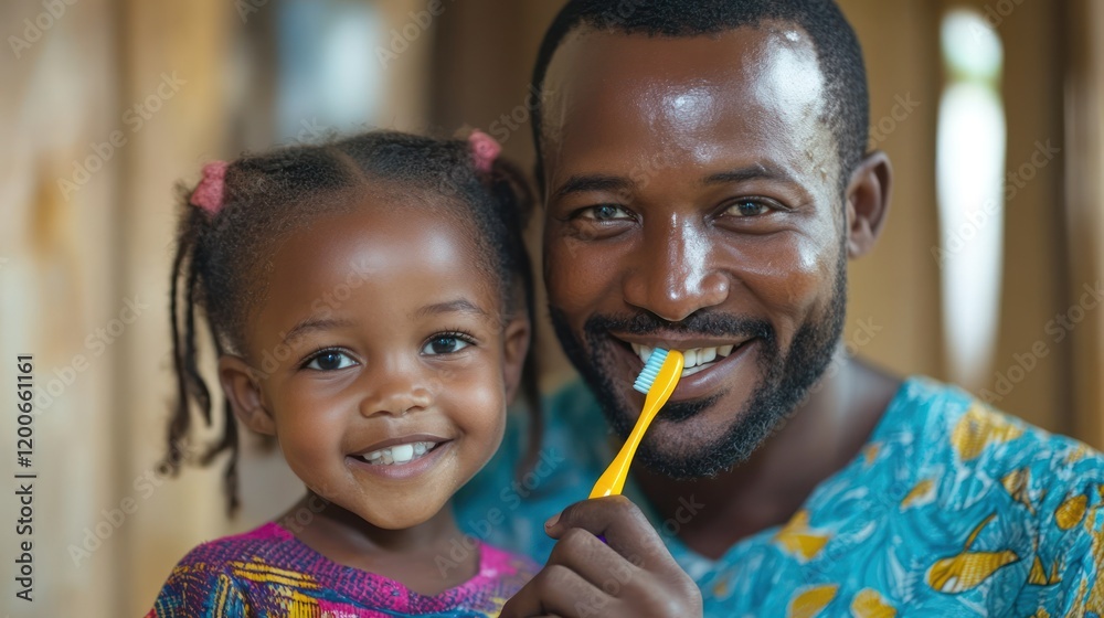 Father and daughter brushing teeth, home, Africa, oral hygiene Father and daughter brushing teeth, home, Africa, oral hygiene