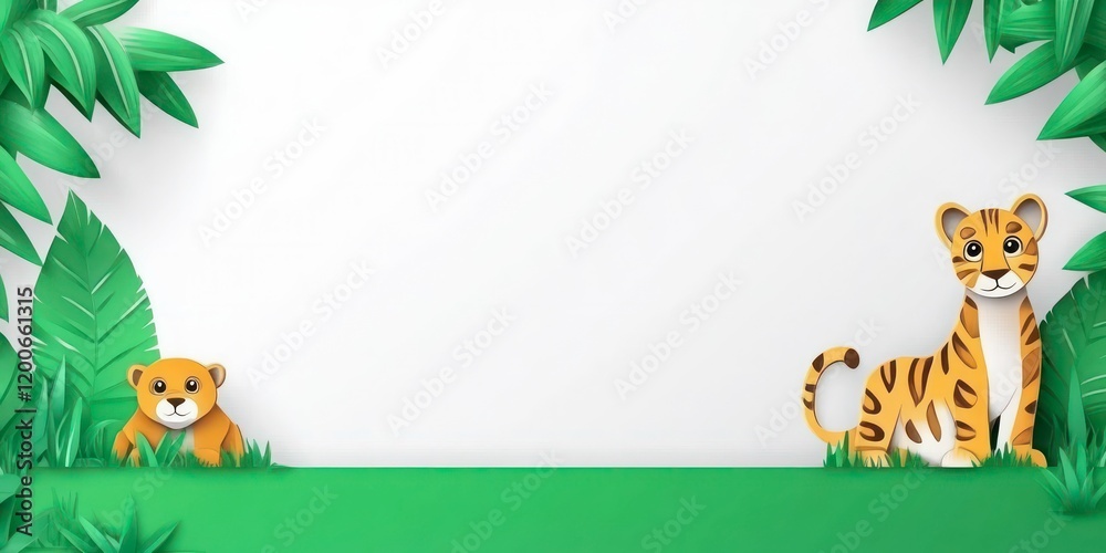 Fototapeta premium A vibrant, papercut jungle scene with lush plants and animals, all set against a clean white background, bringing an artistic and playful touch to nature.