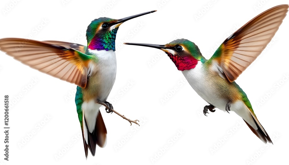 Obraz premium Two Vibrant Hummingbirds in Flight: A Stunning Display of Nature's Beauty