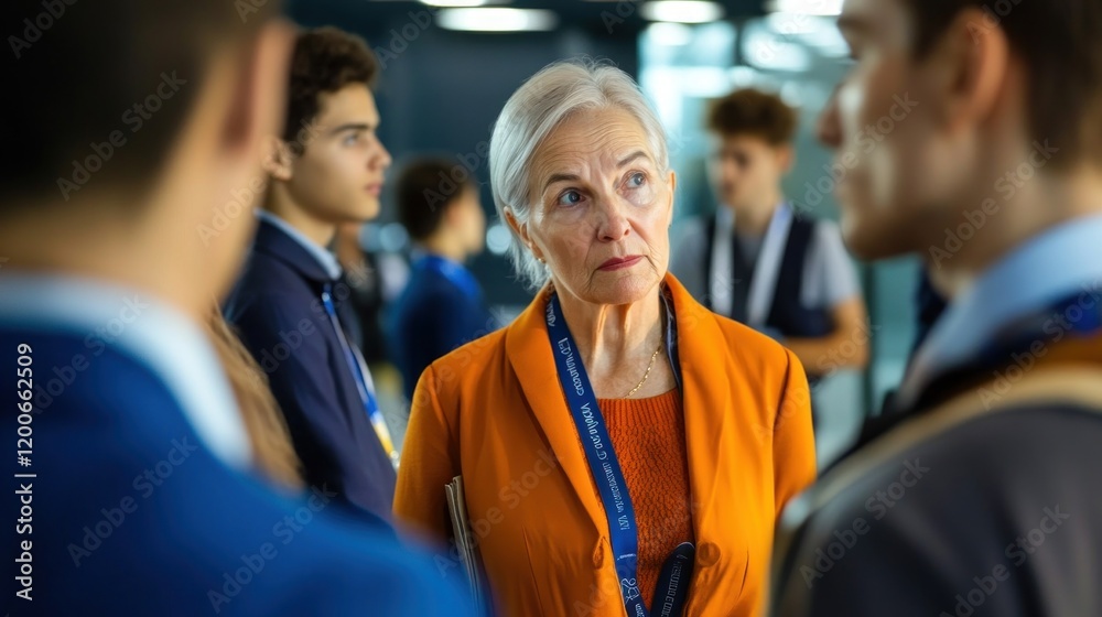 A senior professional discusses concepts with a group at a busy conference venue A senior professional discusses concepts with a group at a busy conference venue