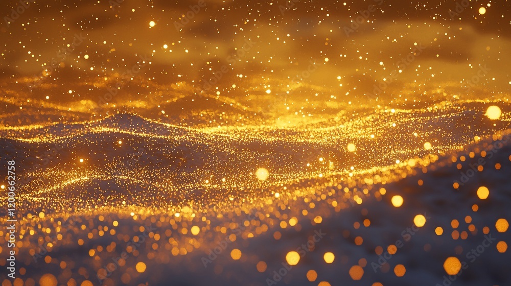 Naklejka premium Golden glittering waves and particles background.