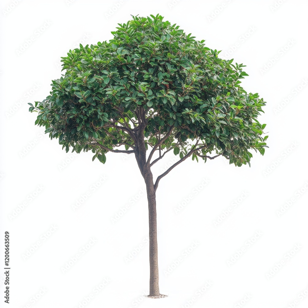 Large green tree standing alone on a white background representing nature and growth Large green tree standing alone on a white background representing nature and growth