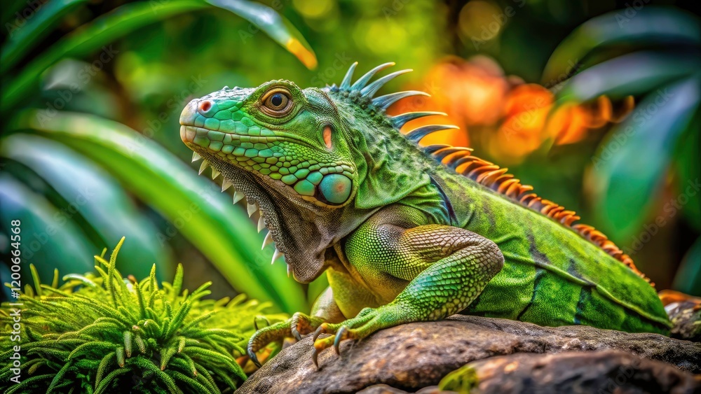 Majestic Green Iguana Resting on Rock in Natural Habitat - Serene Reptile Close-Up with Lush Background and Copy Space for Text Overlay Majestic Green Iguana Resting on Rock in Natural Habitat - Serene Reptile Close-Up with Lush Background and Copy Space for Text Overlay