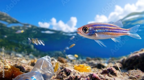 Colorful fish darting around underwater while plastic waste rests on the ocean floor