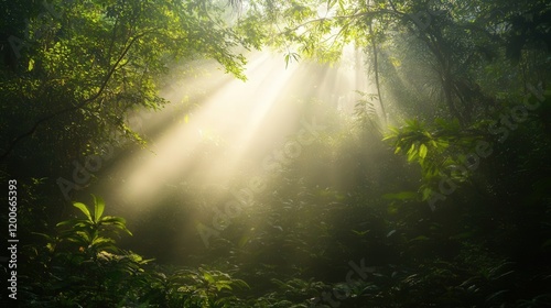 Fototapeta Naklejka Na Ścianę i Meble -  quiet clearing in the humid jungle, with sunlight streaming through the canopy above, casting beams of light onto the dense underbrush,