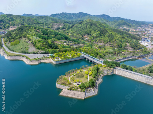 Aerial and spring view of Yongdamho Lake and Yongdam Dam with mountain at Wolgye-ri of Jinan-gun, South Korea photo