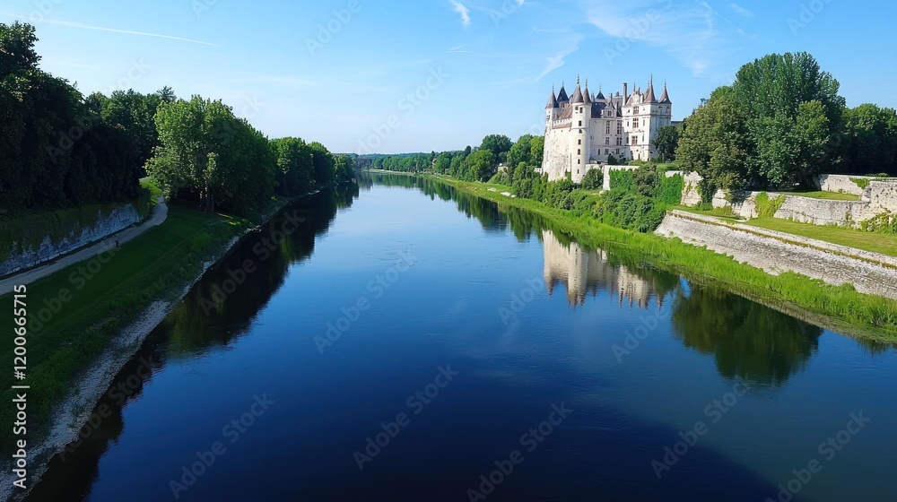 Obraz premium Scenic view of a castle beside a serene river with lush greenery.