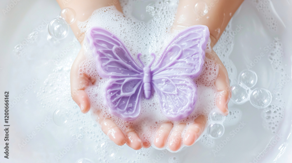 Fototapeta premium Child Washing Hands with Butterfly-Shaped Soap and Bubbles.