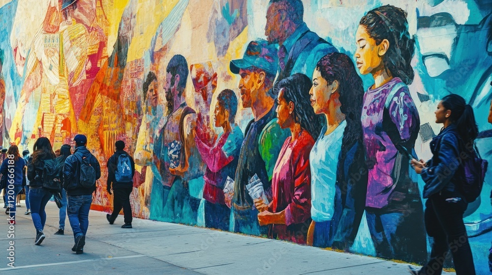 Naklejka premium Diverse people walking past vibrant mural, city street, community event