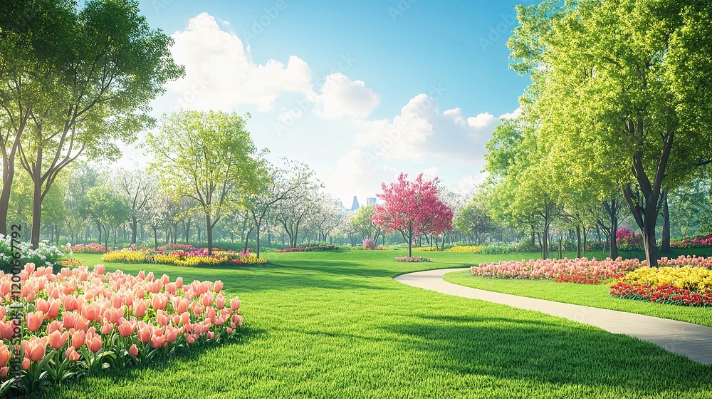 Fototapeta premium Tranquil Garden Scene with Vibrant Flowers and Lush Greenery