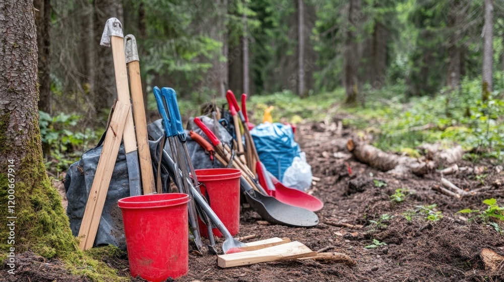 Various gardening tools are set along a forest path, hinting at an ongoing outdoor project Various gardening tools are set along a forest path, hinting at an ongoing outdoor project