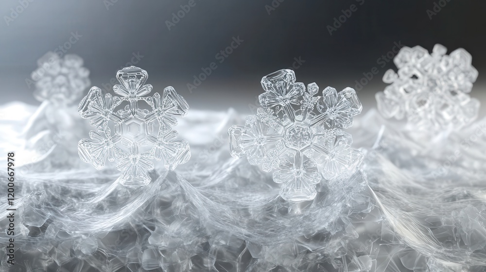 representation of snowflake formation, showing how water vapor crystallizes in the atmosphere and the unique patterns that emerge