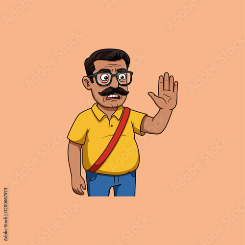 Cartoon Man Wearing Glasses Shows Stop Sign