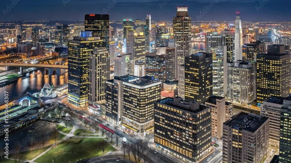Night Lights Cityscape: An aerial view of a vibrant city at night, showcasing a dense cluster of skyscrapers illuminated against the twilight sky. The city's energy is palpable. Night Lights Cityscape: An aerial view of a vibrant city at night, showcasing a dense cluster of skyscrapers illuminated against the twilight sky. The city's energy is palpable.