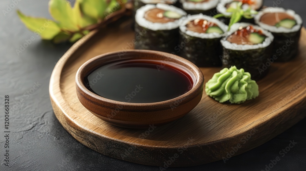 rich, flavorful soy sauce served in a small bowl, accompanied by sushi rolls on a wooden platter with a side of wasabi rich, flavorful soy sauce served in a small bowl, accompanied by sushi rolls on a wooden platter with a side of wasabi