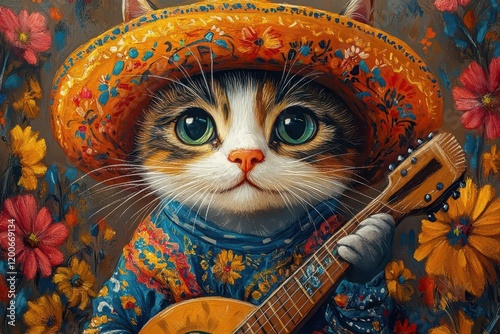 whimsical illustration of a mariachi cat wearing traditional mexican costume playing guitar vibrant colors and festive decorations photo