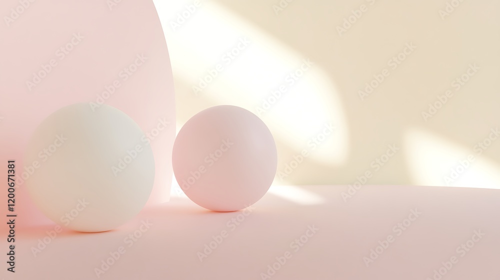 Fototapeta premium Two pastel spheres rest on a soft pink surface