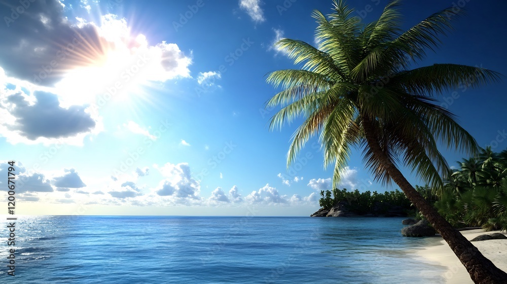 Fototapeta premium Tropical Paradise: Sun-Kissed Beach and Palm Tree