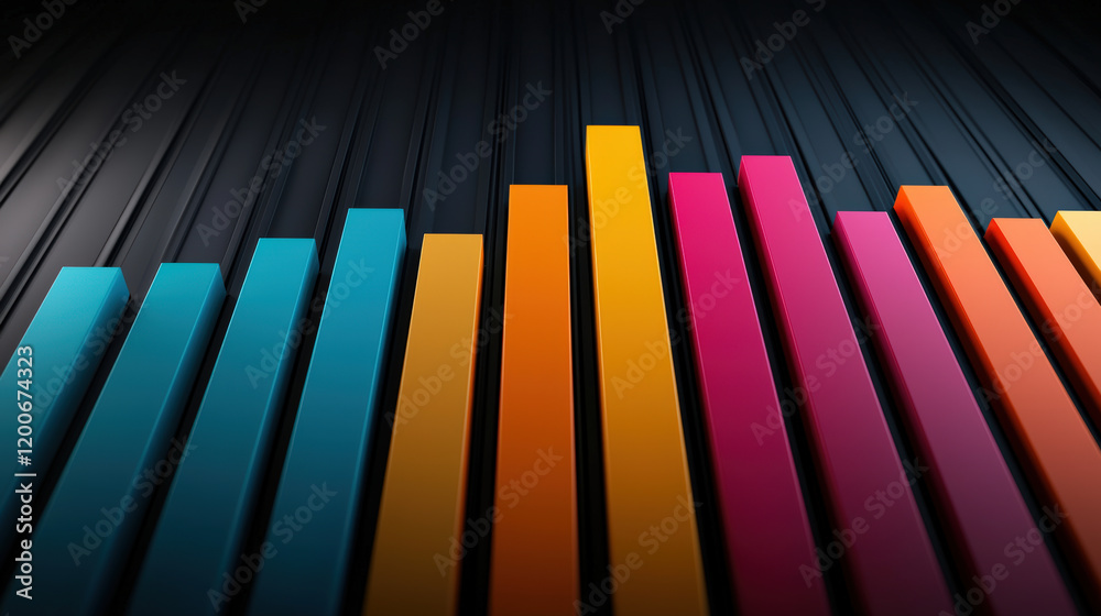 Fototapeta premium A vibrant, abstract visualization featuring colorful bars representing sound waves or data metrics against a dark background.