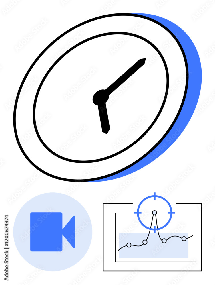 Clock symbolizing time, video camera for communication, analytics chart with target mark. Ideal for productivity, scheduling, teamwork, digital tools, goal-setting, monitoring abstract line flat